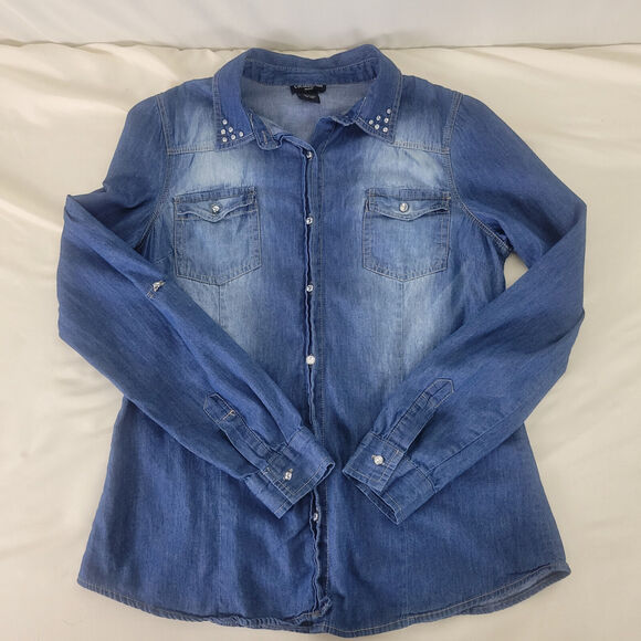 Cotton Express Shirt Womens Large Petite‎ Blue Top Chambray Roll Tab Button Up - Picture 5 of 15